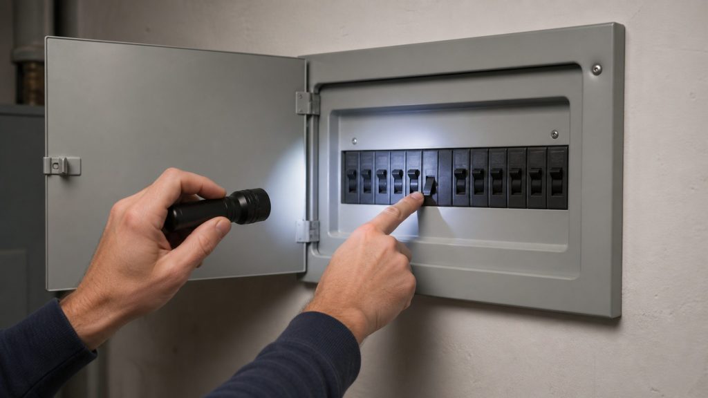 A finger on one tripped breaker in an opened electrical panel, a flashlight held in the other hand