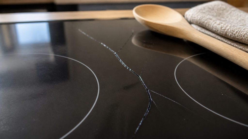 A branching crack running across a black glass cooktop between two zone circles, a wooden spoon and cloth resting at the back