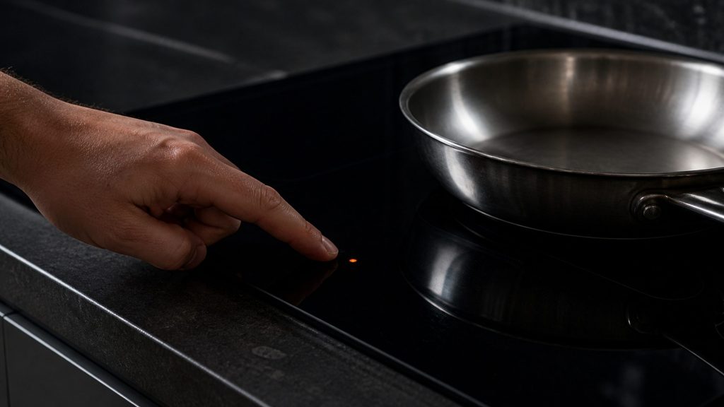 A finger on the dark glass of an induction cooktop where a single orange indicator is lit, a pan standing unheated on the zone beside it