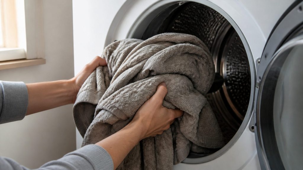 Two hands pulling a bundle of heavy towels out of a dryer drum, the pile still visibly damp