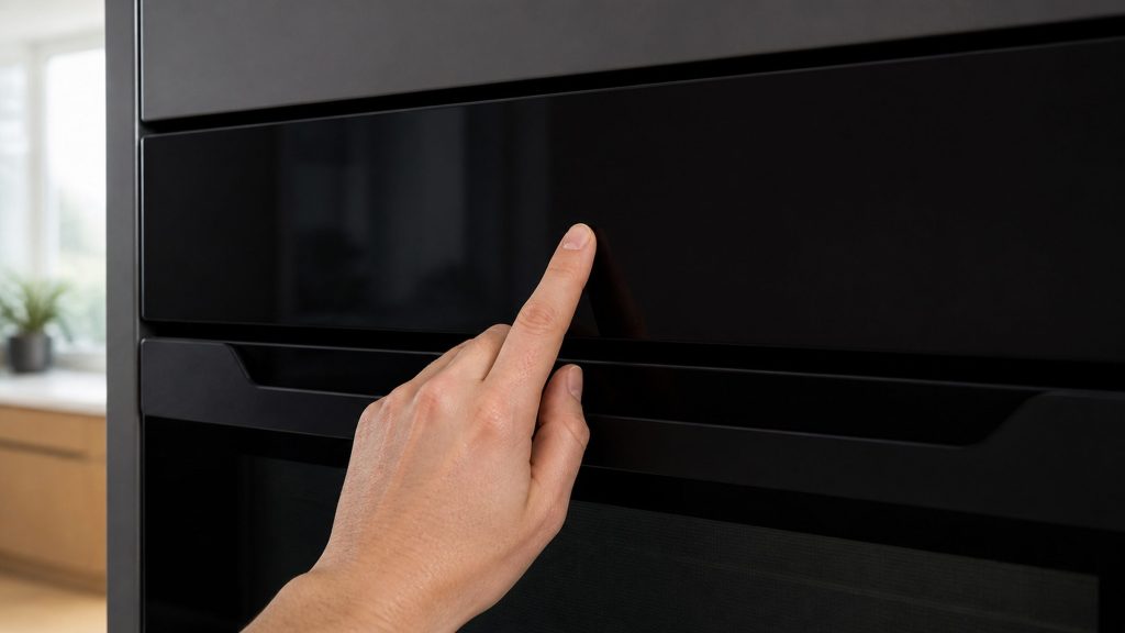 A finger pressing a dark glass control panel on a black built-in oven that shows nothing at all