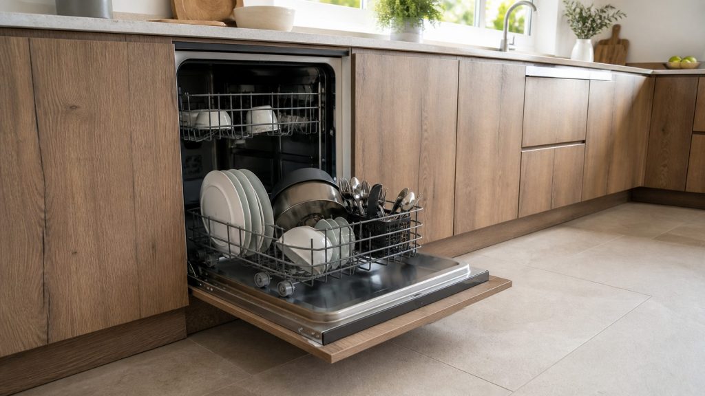 The door of an integrated dishwasher hanging part-way down under its own weight, the loaded lower basket sliding forward on it