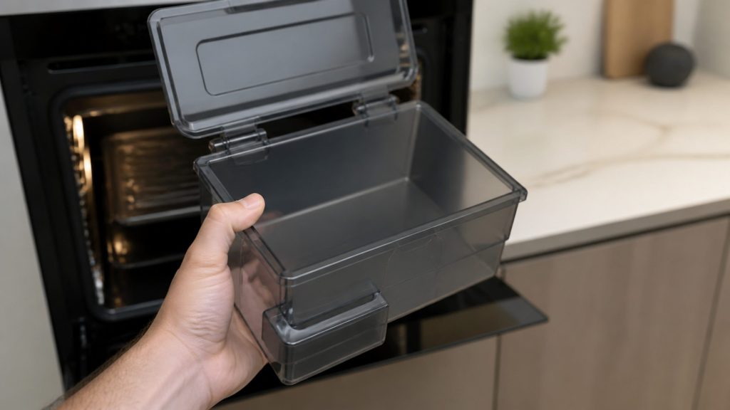 A hand holding the empty water container of a steam oven with its lid flipped open, the oven cavity lit behind