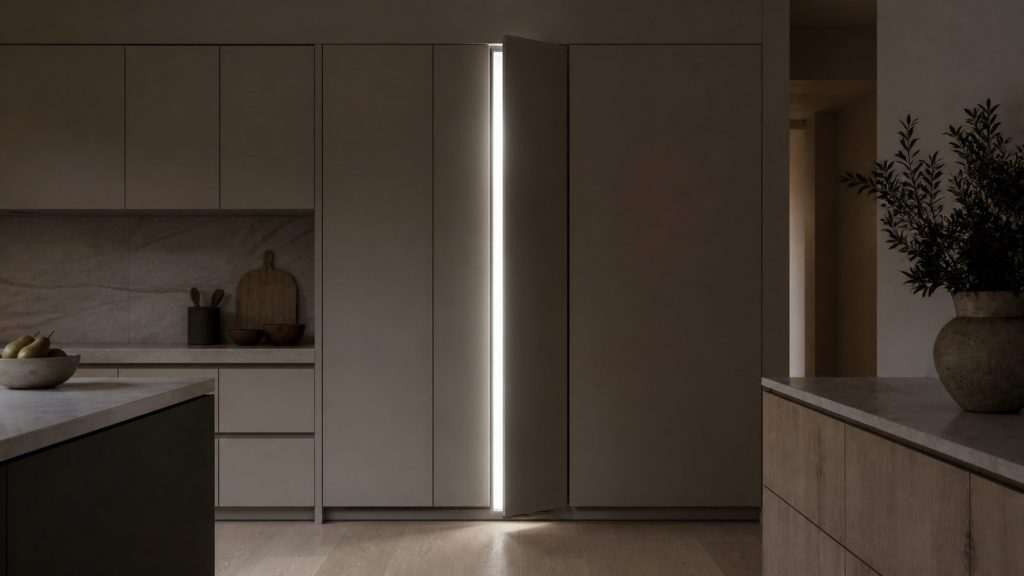 A vertical strip of light spilling from an integrated refrigerator door left standing ajar in a dark kitchen