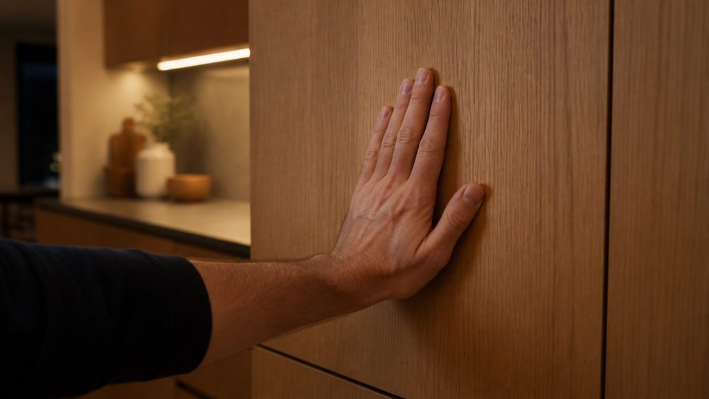 A flat palm pressed against the wood door front of a kitchen cabinet housing an appliance, feeling for vibration
