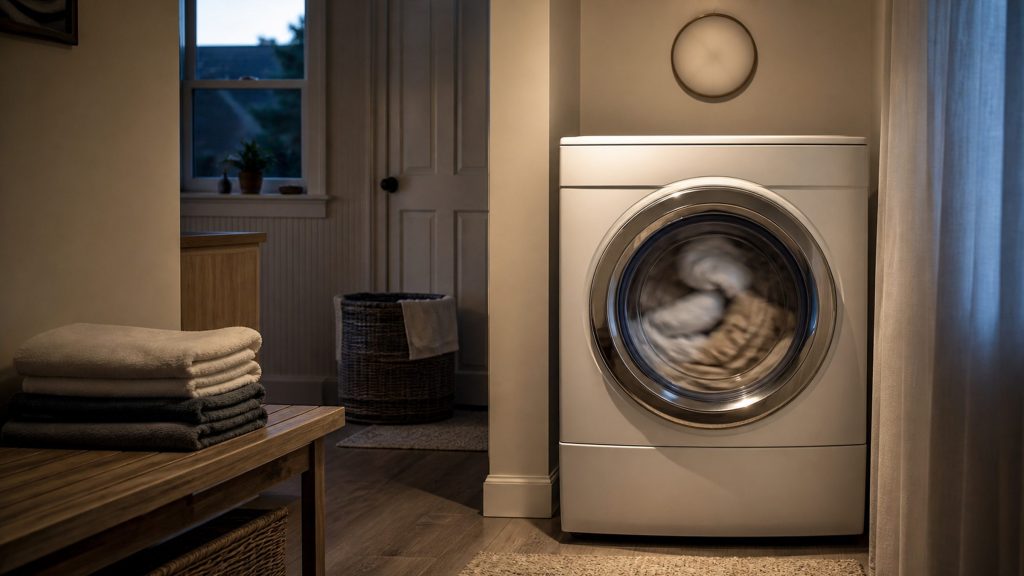 A washing machine still running late in the evening in a warm laundry room, a plain wall clock above it