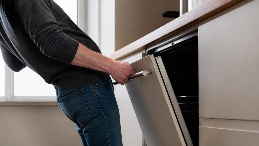 A person opening the door of an integrated dishwasher and leaning back and away from the opening, head out of frame
