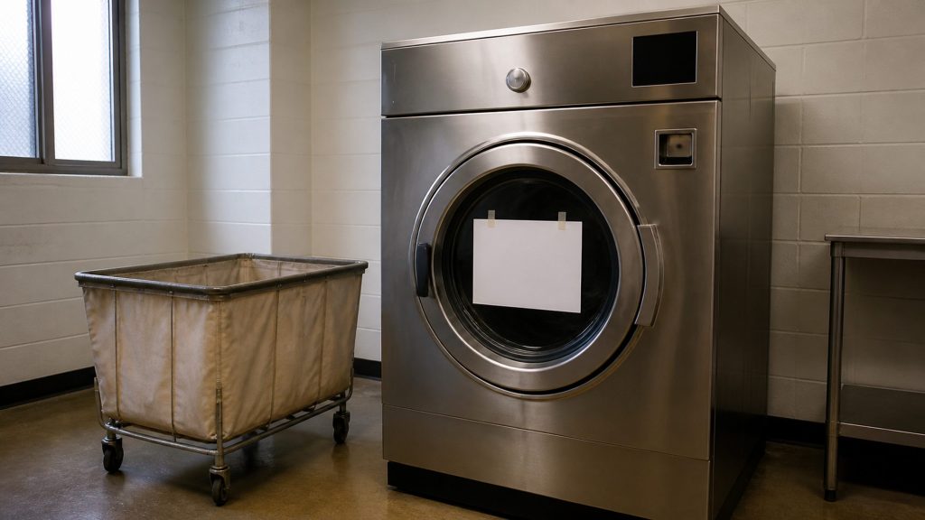 A stainless commercial washing machine standing idle in a block-walled laundry room with a blank sheet of paper taped across its door