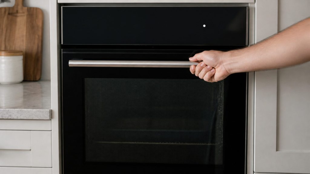 A hand pulling on the handle of a built-in oven whose door will not open, a single indicator lit on the dark control panel