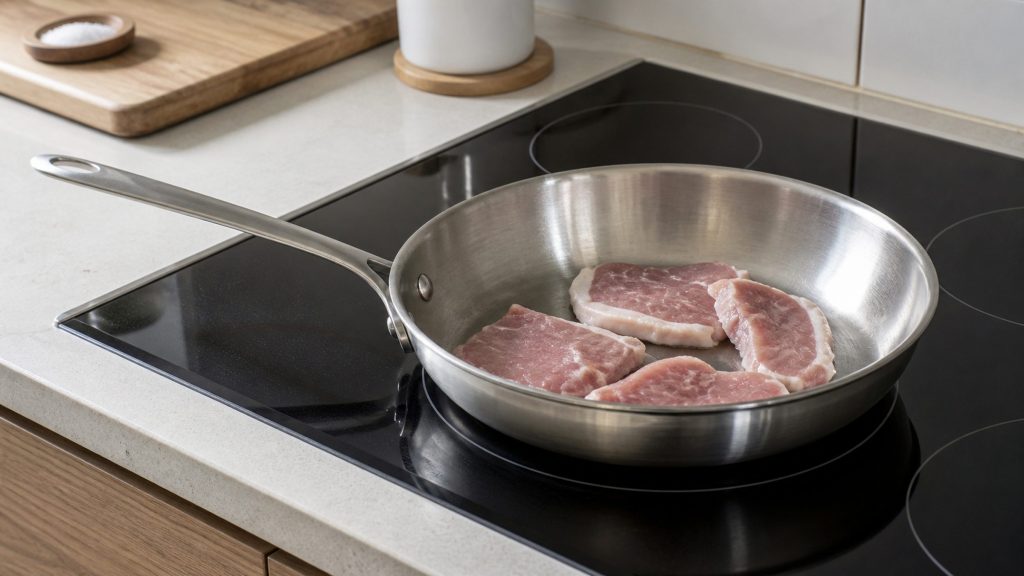 A stainless pan of raw pork chops standing on a black glass cooktop zone that is not heating
