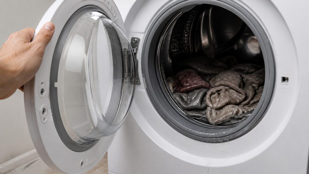 The door of a washing machine held open on a load so wet it is still dripping, water beaded across the drum and the gasket