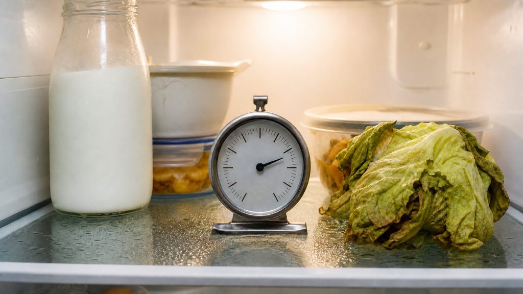 A dial thermometer standing on a refrigerator shelf beside curdled milk and a wilted lettuce, condensation across the glass