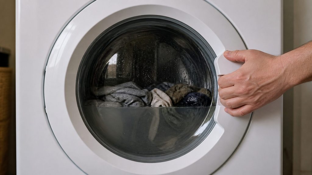 A hand pulling at the door of a washing machine that will not open, water standing halfway up the glass with the load submerged