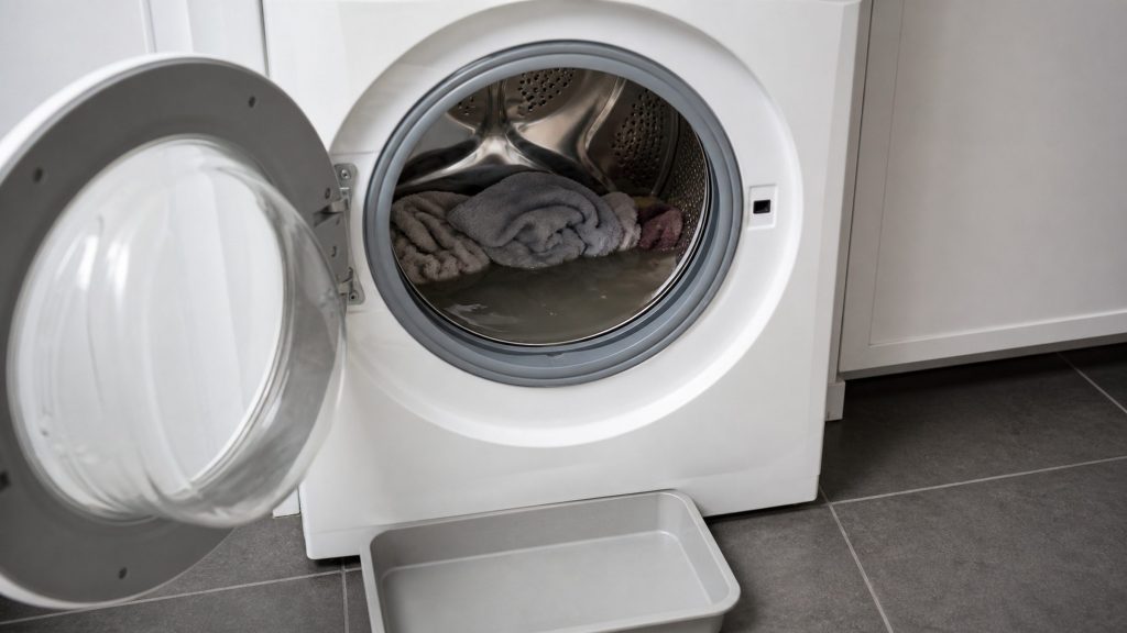 A washing machine standing open with water still lying in the bottom of the drum under the load, a drip tray on the floor