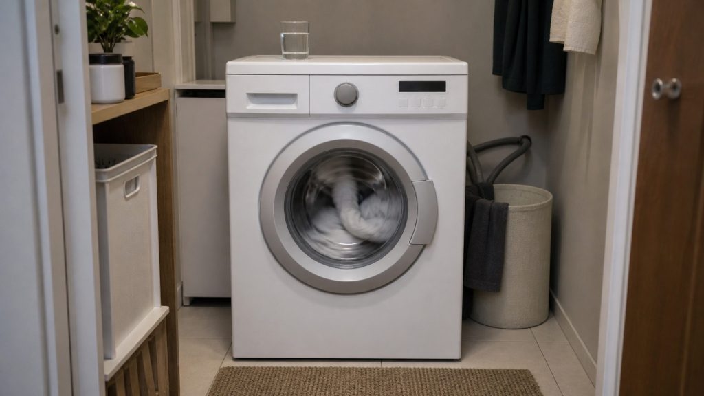A washing machine mid-spin in a narrow laundry closet with a glass of water standing on its lid