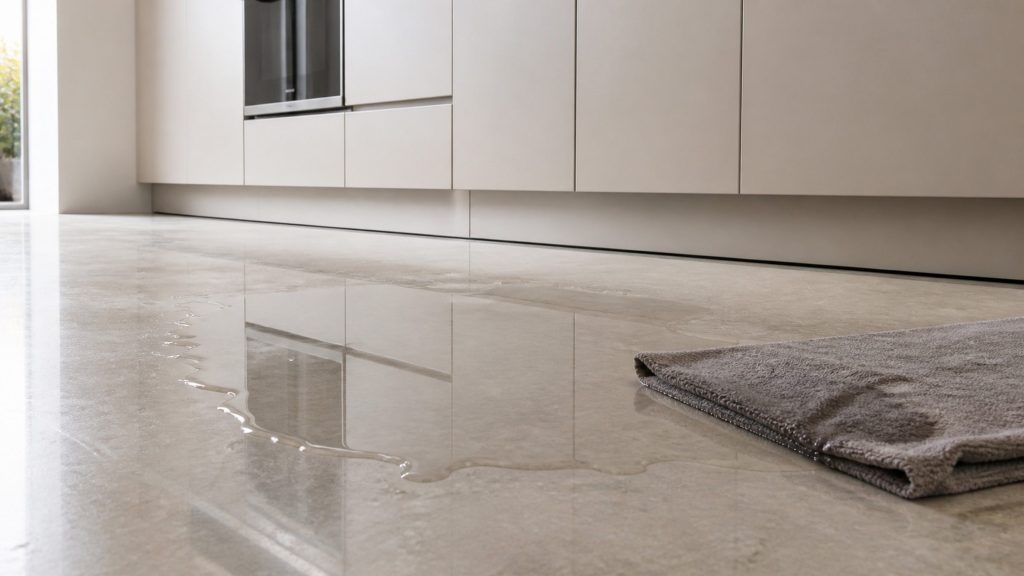 A thin sheet of water spread across a pale stone kitchen floor in front of a run of handleless cabinetry, a folded towel at its edge