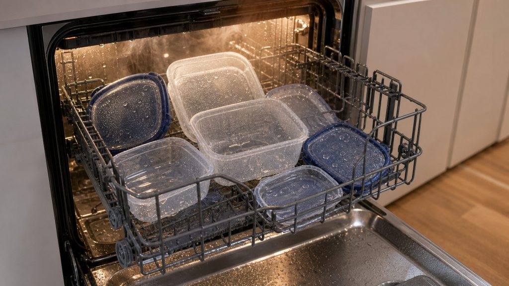 Plastic food containers standing in a dishwasher basket, every one still beaded with water at the end of the cycle
