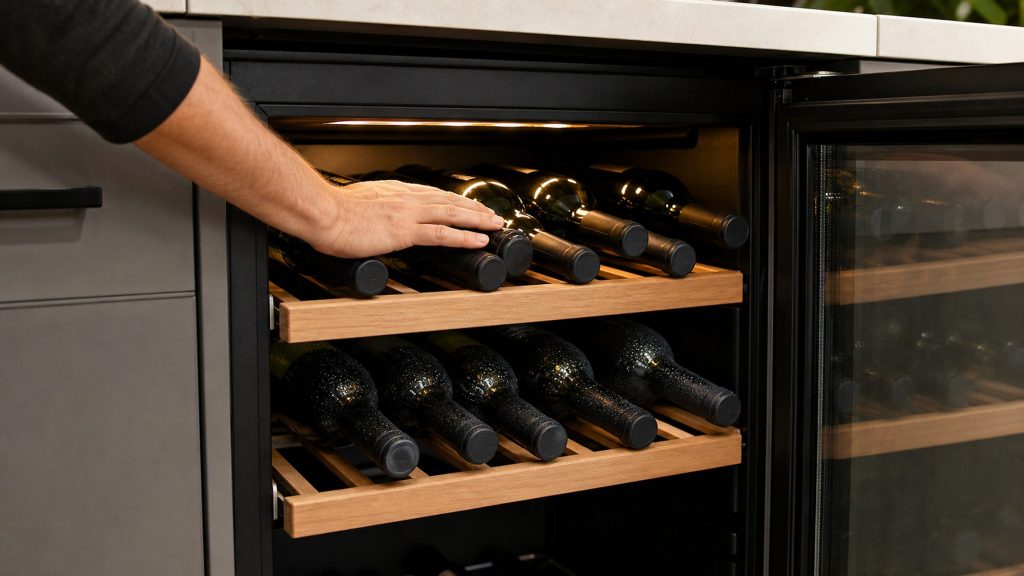 A hand feeling bottles on the upper shelf of a two-zone wine cabinet, the bottles on the lower shelf beaded with condensation